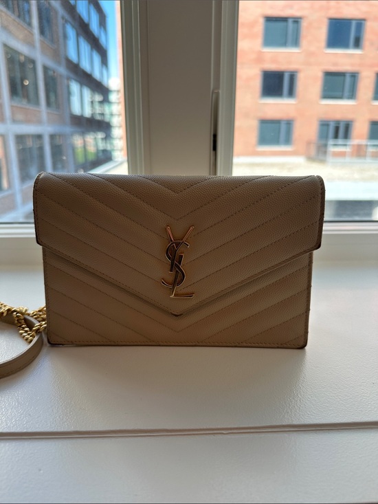 Saint Laurent Handbags - Saint Laurent Beige Chevron Quilted Chain Wallet